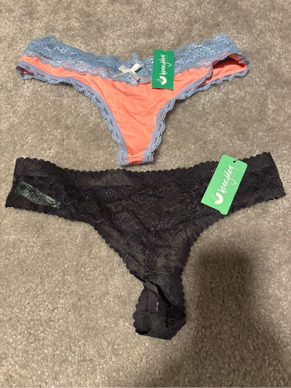 Honeydew Intimates Coral & Light Blue Lace Thong and Black Lace Thong Set